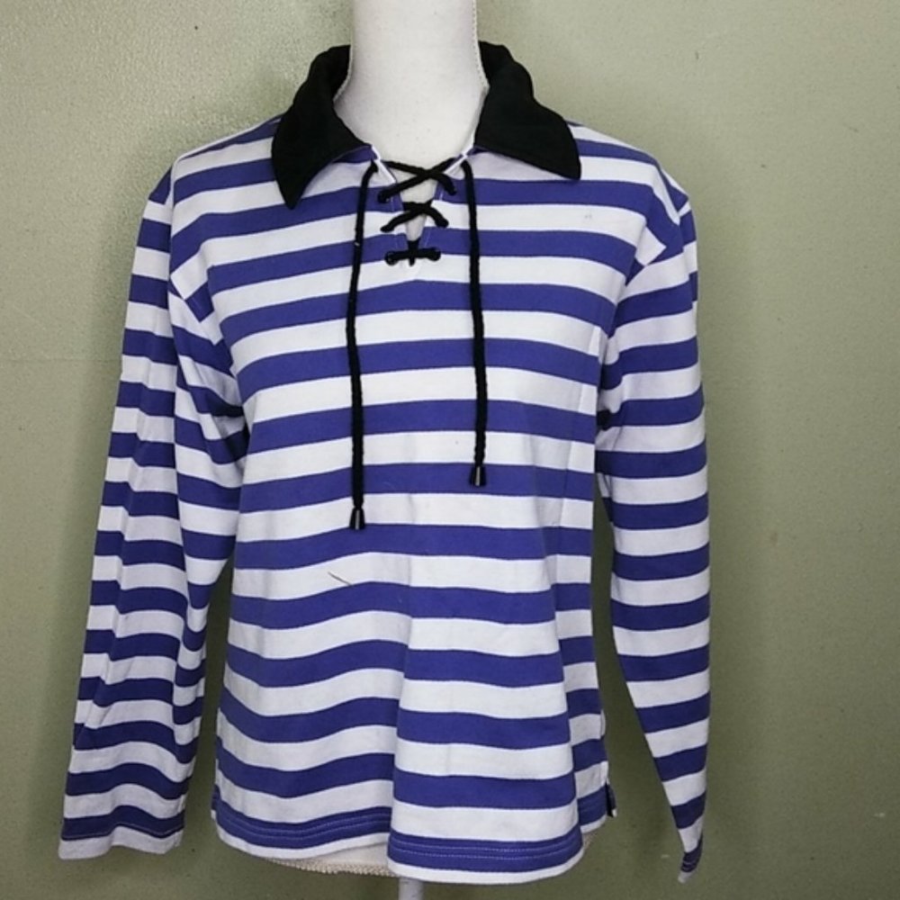 Vintage Striped French Terry Top with Lace-up Neckline - L